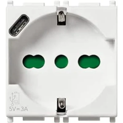 Image of VIMAR 14210.USB Plana Socket 2 Modules SICURY 2P+T 16A 250V Universal Italian Standard P40 and USB Output Type C 5V 3A for Fast Charging, White