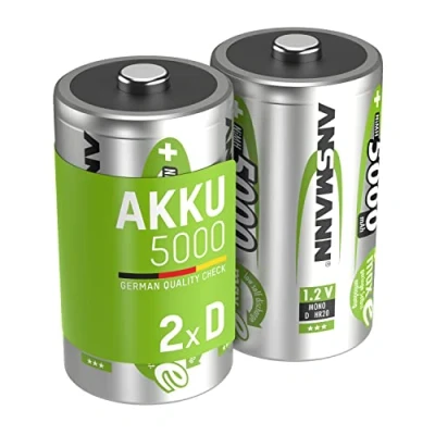 Image of ANSMANN D Size Batteries [Pack of 2] Long Lasting Low Self Discharge Rechargeable Type 5000 mAh NiMH MaxE Pro Battery For Digital Cameras, Flashguns, Toys, Audio Devices and Radio Controls