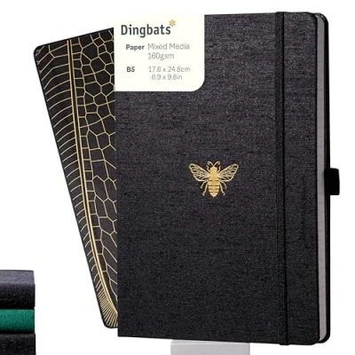Image of Dingbats* Pro B5 Dotted Large Notebook Black Textile Cover, Thread Bound Journal for Work, Travel Pocket, Elastic Closure, Pen Holder, Bookmark