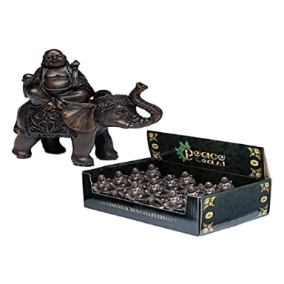 Image of Puckator Peace of the East Brushed Wood Effect Lucky Buddha on Elephant Cute Room Decor Aesthetic Feng Shui Meditation Accessories Garden Ornaments Shelf Desk Decorations Mindfulness Home Gifts