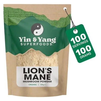 Image of Organic Lion&#039;s Mane Mushroom Powder 100g, by Yin &amp; Yang Superfoods (100 Servings). Premium Quality Hericium Erinaceus Vegan Palm Oil and GMO Free