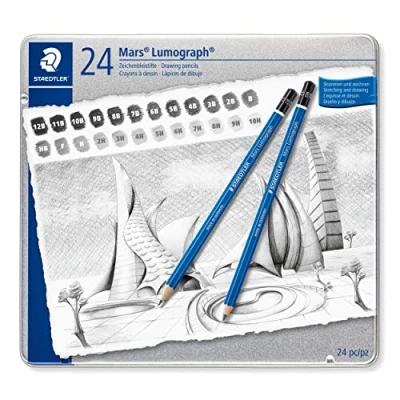 Image of STAEDTLER 100 G24 Mars Lumograph Graphite Pencils for Drawing &amp; Sketching Assorted Degrees, 12B 10H (Tin of 24), Blue