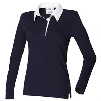 Image of Front Row Womens Long Sleeve Plain Rugby Shirt Colour:Navy/White Size:L