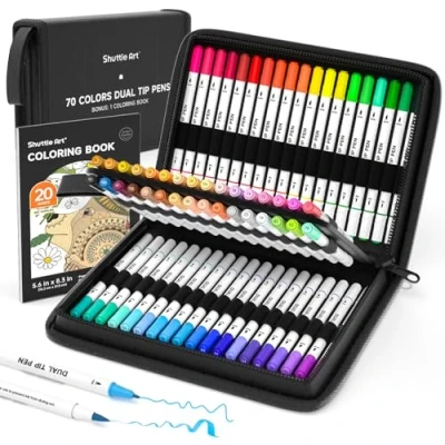 Image of Shuttle Art Dual Tip Brush Pens, 70 Colours Fine and Markers Set with Portable Case &amp; 1 Colouring Book, Felt Pens for Adults Children Calligraphy Journal Doodling