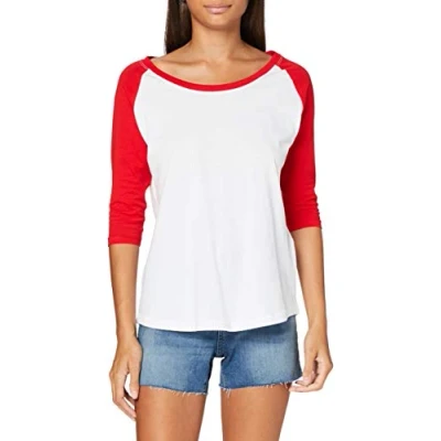 Image of Build Your Brand Women&#039;s Ladies 3/4 Contrast Raglan Tee T Shirt, White/Red, XL