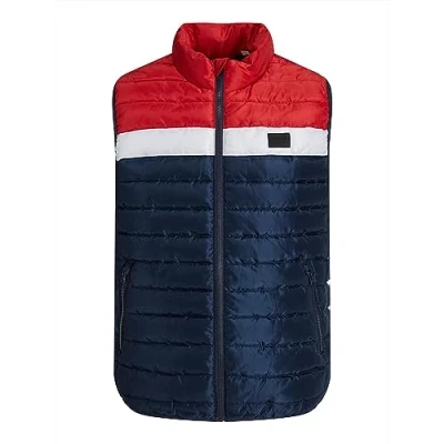 Image of JACK &amp; JONES Mens Sleeveless Jacket Gilet Puffer Body Warmer Ziipper Coat for Men, Navy Red Colour, UK Size S