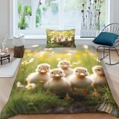 Image of GEEYOU A Flock of Ducks Washable Comforter Cover Hidden Zipper Duvet Set with Pillowcases Little Duck Bedding Soft Microfiber Quilt Various Sizes for Kids Adults Single（135x200cm）
