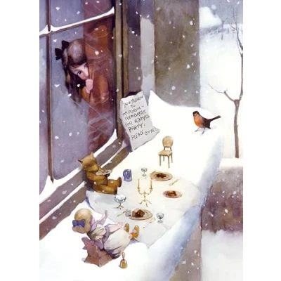 Image of Museums and Galleries Charity Christmas Cards Pack of 8 2024 with a Snowy Robin Tea Party Design Eco Friendly Xmas Multipack Envelopes