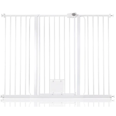 Image of Bettacare Pet Gate with Lockable Cat Flap, 139.8cm 147.4cm, White, 104cm in Height, Extra Tall Dog Safety Barrier Easy Installation
