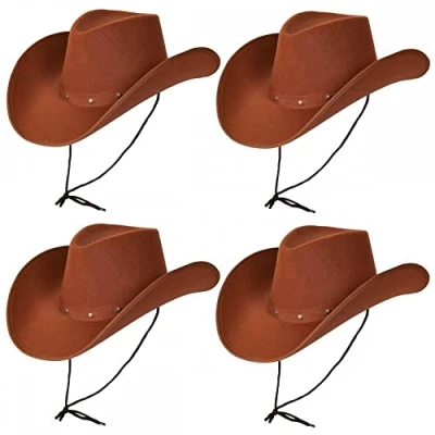 Image of 4 x BROWN Texan Cowboy Hats : Adult Unisex Mens Womens Cowgirl Wild West Rodeo Stag Hen Night Fancy Dress Accessory