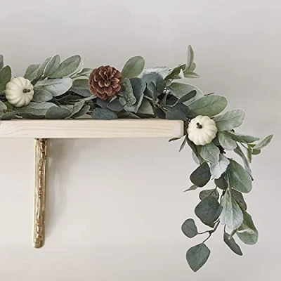 Image of Lights4fun 1.5m Eucalyptus White Pumpkin &amp; Pinecone Autumn Garland Indoor Decoration