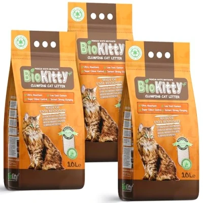 Image of BioKitty clumping cat litter, 99% dust free, highly absorbent natural mineral bentonite aloe vera scented long lasting odour control 3x8.5kg/30L 3 bags (aloe vera)