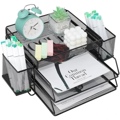 Image of PLSOPPKG Wire Mesh in Trays for Desk, 2 Tier Metal Letter Tray Desk Organisers, Stackable Office Tidy File Holder With Top Stationery Holder, Organizer Office, School and Home