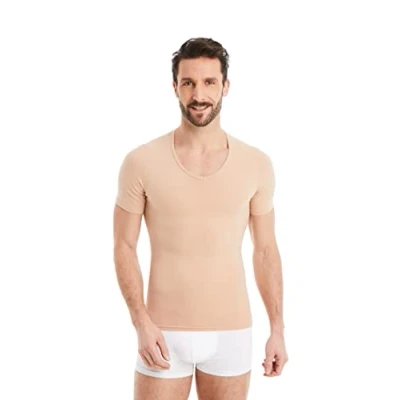 Image of FINN Men&#039;s Figure Shaping Compression Undershirt with V Neck Short Sleeve Shapewear T Shirt Made from Cotton Body Shaper Vest for a Flatter Stomach Invisible Nude L