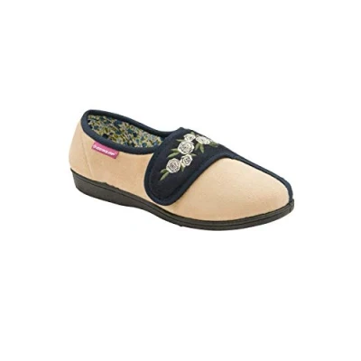 Image of Dunlop Ladies Adjustable Wide Fit Memory Foam Floral Velcro Slippers for Elderly Women (5 UK, Navy Cream)