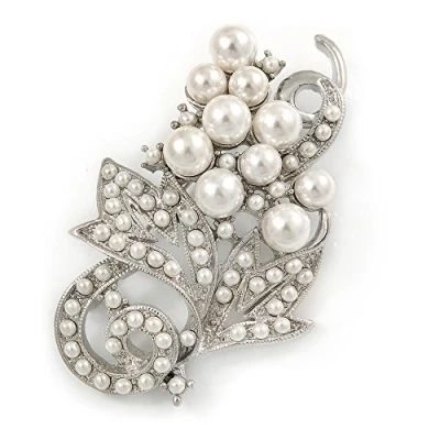 Image of Avalaya White Simulated Pearl Grapes Brooch in Rhodium Plated Metal 50mm