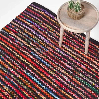 Image of HOMESCAPES Bohemian Style Folk Rug Handwoven Multi Coloured Recycled Fleece Chindi, 160 x 230 cm