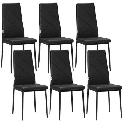 Image of HOMCOM Dining Chairs Set of 6, Modern Upholstery Faux Leather Kitchen with High Back and Steel Legs for Living Room, Black