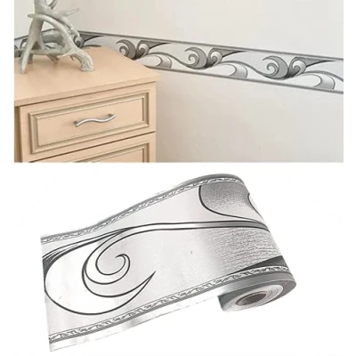 Image of No brand Self Adhesive Royal Siver Grey Wave Patten Wallpaper Border Peel Stick Decorative Ceiling Kitchen Bathroom Bedroom Sticker Molding 10cm by 32.8ft