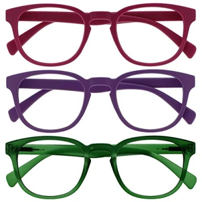 Image of OPULIZE Pop Reading Glasses 3 Pack Fun Round Matt Frame Fuscia Pink Purple Moss Green Spring Hinges Scratch Resistant Mens Womens RRR2 456 +3.50