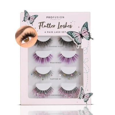 Image of Profusion Cosmetics Empowered Butterfly Flutter Lashes 4 pair Lash Set for Classy and Beautiful Look, Professional Lightweight Faux Eyelashes to Achieve Natural Fluffy Cat Eye