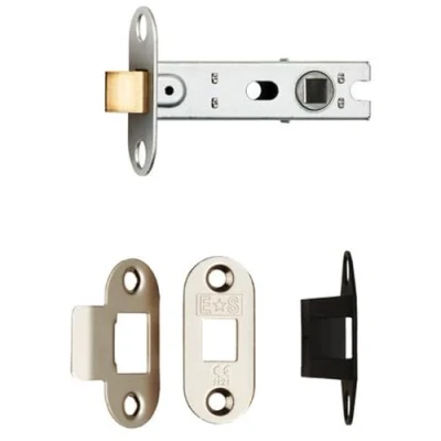 Image of 64mm Bolt Through Tubular Door Latch Rounded Strike Plate Forend Nickel Plated