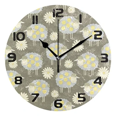 Image of Hunihuni Wall Clock Sheep Daisy Pattern Silent Non ticking for Bedroom Living Room Home Office Decor
