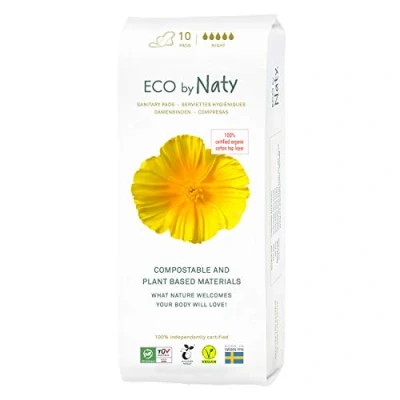 Image of Eco by Naty Sanitary Pads Night Plantbased and absorbent for Women, Organic Cotton Menstrual Product, Better Feminine Health (10 Count)