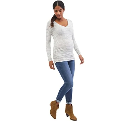 Image of Motherhood Maternity Women&#039;s Long Sleeve V Neck Side Ruched Tee Shirt T, Space Dye Gray, Medium