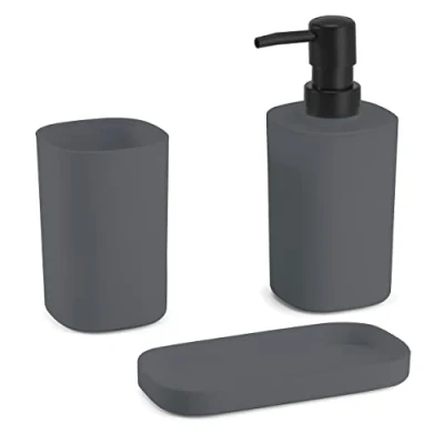 Image of MSV Bathroom Accessories 3 Piece Dispenser Soap Dish Toothbrush Tumbler Lona Anthracite Matt, Polypropylene (PP), Charcoal, 1