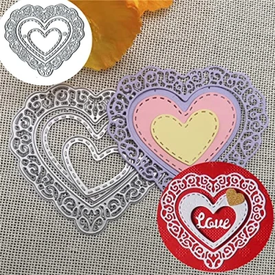Image of 3Pcs Heart Lace Hollow Frame Metal Die Cuts,Wedding Butterfly Love Flower Leaf Cutting Dies Cut Stencils DIY Scrapbooking Decorative Embossing Paper Card Making