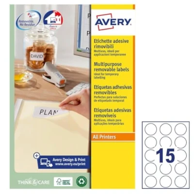 Image of Avery Printable, Customisable Round Labels Removable 15 Per A4 Sheet 375 White