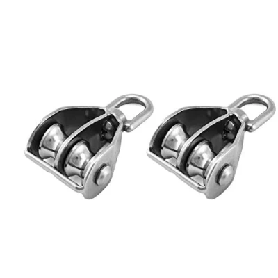 Image of QWORK® 2PCS M15 Double Pulley Block 304 Stainless Steel Wheel Roller for and Tackle System