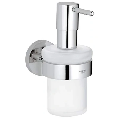 Image of GROHE Essentials Holder with Soap Dispenser Set (Material: Frosted Glass &amp; Metal, Filling Quantity 160ml, Including Screws and Dowels, Durable Sparkling Sheen), Suitable for Gluing, Chrome, 40448001