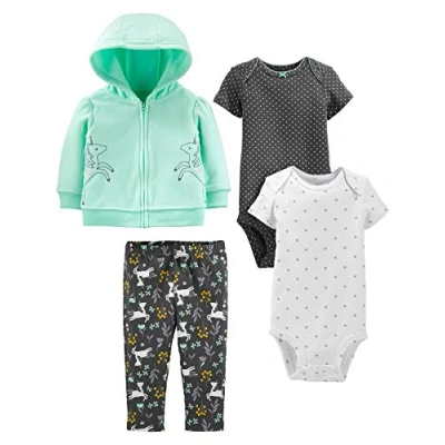 Image of Simple Joys by Carter&#039;s Baby Girls&#039; 4 Piece Jacket, Pant, and Bodysuit Set Layette, Black Dots/Mint Green Unicorn/White Snowflake/Floral, 12 Months