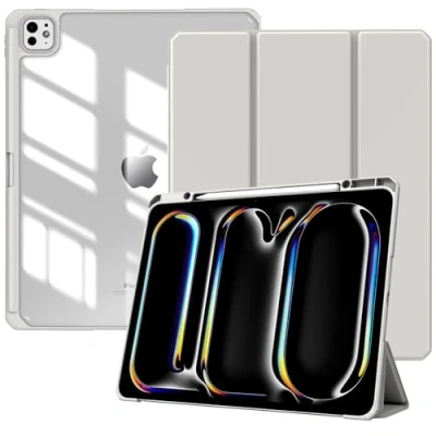 Image of TiMOVO for iPad Pro 13 inch (M4) Case 2024 with Pencil Holder, Slim Stand Protective Cover Clear Transparent Back Shell Tablet, Support Auto Wake/Sleep, Light Gray