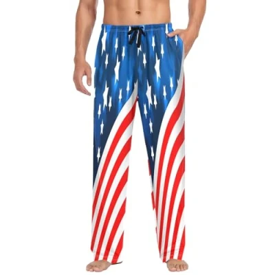 Image of Linomo Mens Pyjama Bottoms USA American Flag Pyjamas Loungewear 100% Cotton Trouser Nightwear PJs Pants for Men Boys