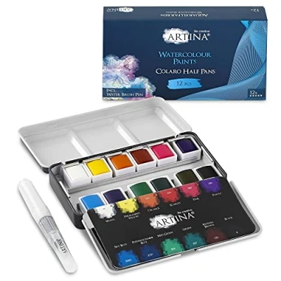 Image of Artina Watercolour Painting Set Colaro 12 Different Watercolours Luminous Artists Paint in Foldable Metal Box with Water Brush Pen Non Toxic Pan