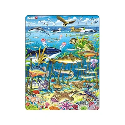 Image of Larsen FH13 Marine Life in the North Atlantic Ocean Jigsaw Puzzle for Children Ages 4 and Up 60 Pieces Shark Under Sea Kids Boxless Tray &amp; Frame Included Made Norway