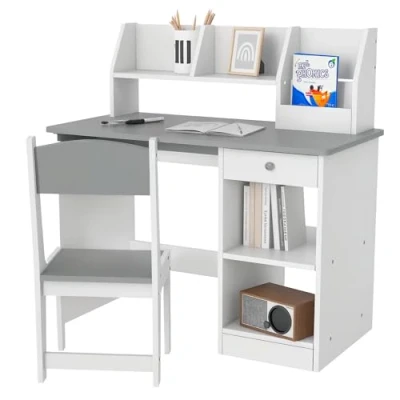 Image of ZONEKIZ Kids Desk and Chair Set with Storage, for Ages 5 8 Years, 2 Piece Children Table Keyboard Drawer, Grey