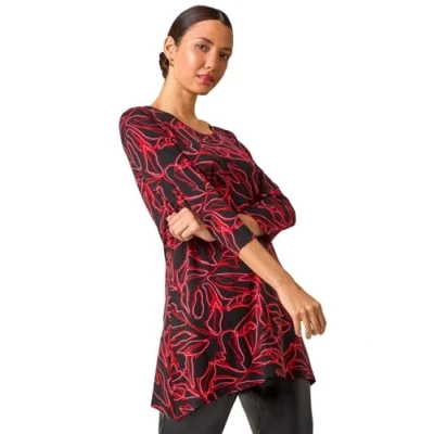 Image of Roman Originals Hanky Hem Tunic Top for Women UK Ladies Longline Blouse Asymmetric Hemline Casual Slouch Loose 3/4 Sleeves Round Neck Relaxed Comfortable Holiday Red Noir Size 10