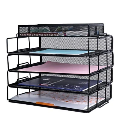 Image of EXERZ Stackable Paper Sorters 4pcs with an Accessory Organiser/ 4 Tiers Letter Trays Extra Divider Memo Holder On Top Desk Organiser Office, School, Home