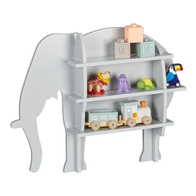 Image of Relaxdays Children&#039;s Elephant Shelf, 2 Open Compartments, Kids Bookcase, Wall Mounted Storage, 50 x 63.5 10 cm, Grey, Fibreboard