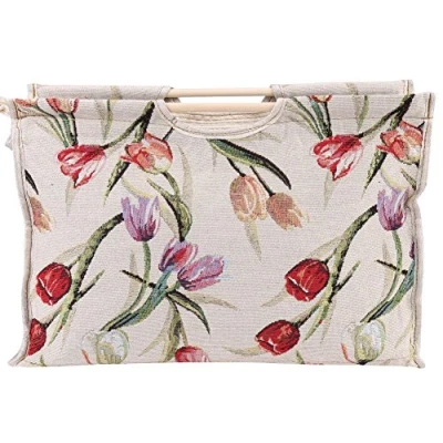 Image of Knitting Bag, Needle Storage Exquisite Practical Wood Handle Woven Fabric Bag for Needles Sewing Tools 1pc 16.5X11.8X4.3in(Red Flower)