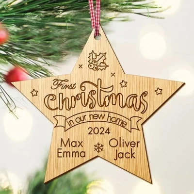 Image of Personalised 1st Christmas in our new Home Bauble First Xmas decoration for house housewarming gift Wooden Tree Ornament Hand Finished UK(Star)