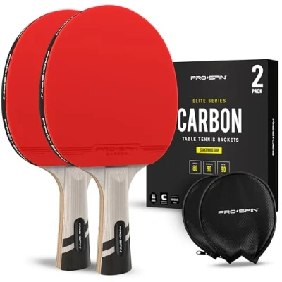 Image of Pro Spin Table Tennis Bat With Carbon Fibre Technology for Increased Control, &amp; Power Performance Level Ping Pong Premium Rubber Protector (2 Pack)
