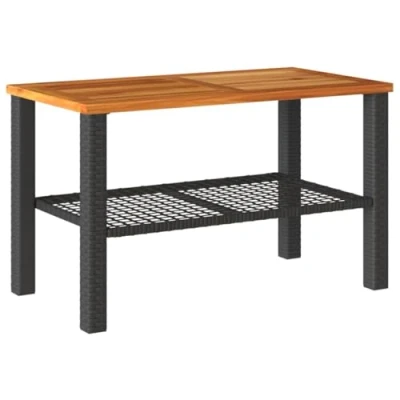 Image of vidaXL Garden Table in Black Poly Rattan with Acacia Wood Top 70x38x42 cm Outdoor Rectangular Coffee for Patio, Garden, Backyard