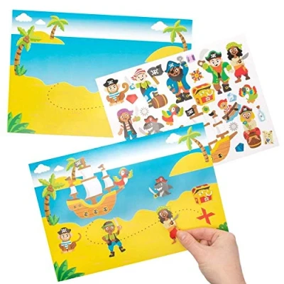 Image of Baker Ross FE346 Pirate Sticker Scene Set Pack of 5, Treasure Map Picture Perfect for Children to Design, Ideal School, Home, Craft Group Activities