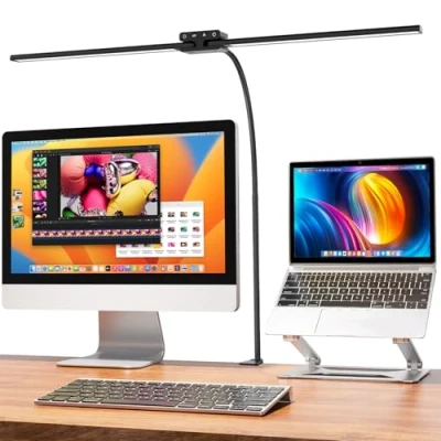 Image of EppieBasic Desk Lamp for Home Office, 24W Led Lamps with Clamp, Double Head Eye Caring Dimmable Table Lamp, Adjustable Timer Equipped Architect Light Study and Monitor Work