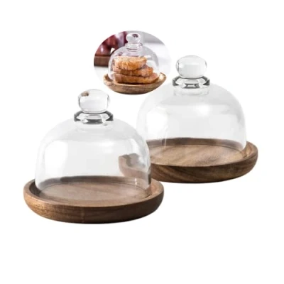 Image of Rikyo 2 Sets Mini Cake Stand,Cake Plate Server Platter with Dome,4&quot; Wood Stand 3.25&quot; Glass Dome Cover,Cupcake Display Lid,Cake Holder Base,Dessert